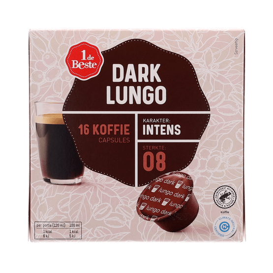 Foto van 1 de Beste Koffiecups lungo dark sterkte 8 op witte achtergrond