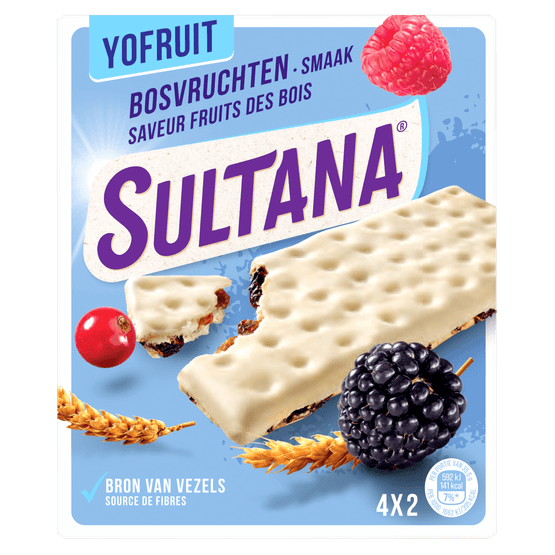 Foto van Sultana Yofruit bosvruchten 4x2 st. op witte achtergrond