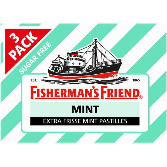 Foto van Fisherman's Friend Mint suikervrij 3 pack op witte achtergrond