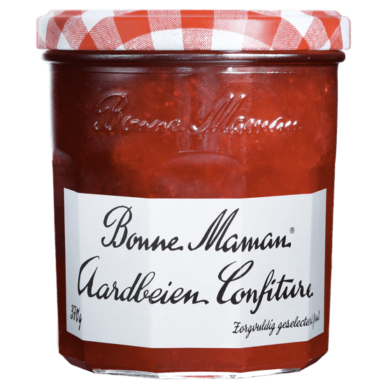 Foto van Bonne Maman Confiture aardbeien op witte achtergrond