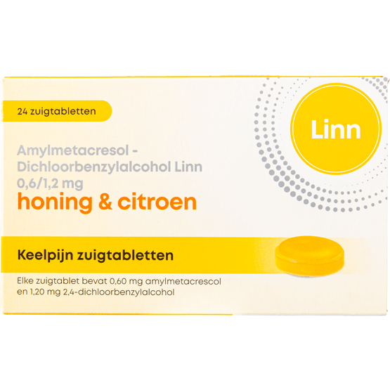 Foto van Linn Zuigtabletten honing & citroen keelpijn op witte achtergrond