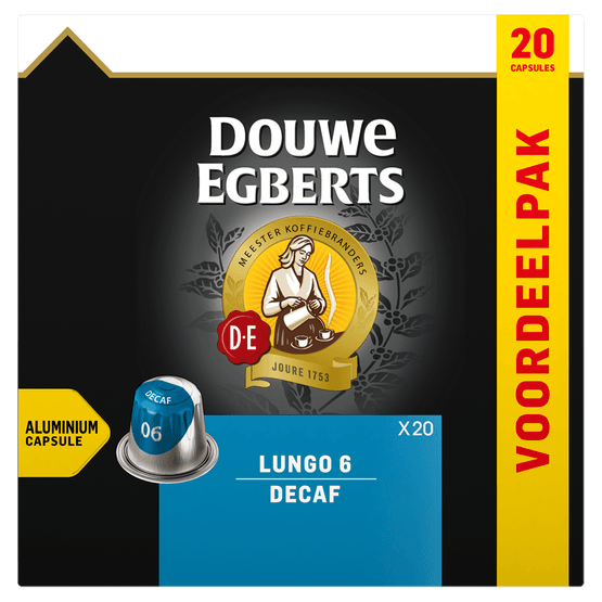 Foto van Douwe Egberts Koffiecups lungo decaf sterkte 6 op witte achtergrond