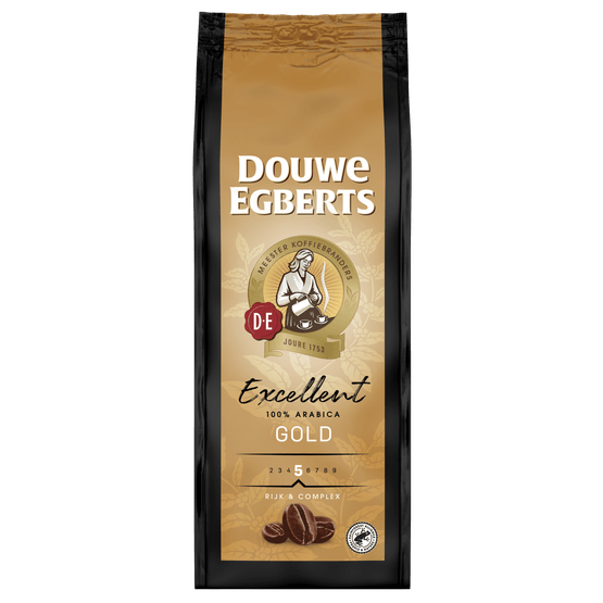 Foto van Douwe Egberts Aroma Variaties Excellent koffiebonen op witte achtergrond