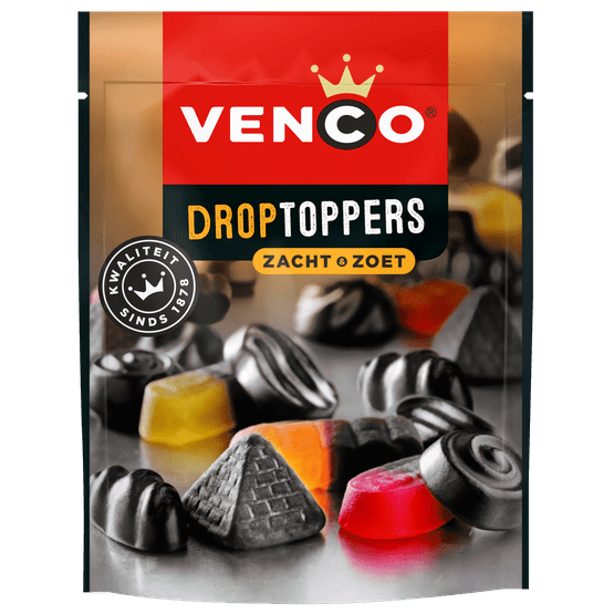 Foto van Venco Droptoppers zacht-zoet op witte achtergrond
