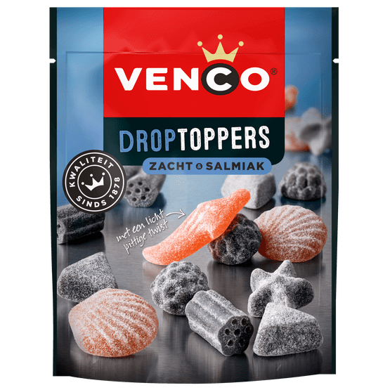 Foto van Venco Droptoppers zacht salmiak op witte achtergrond