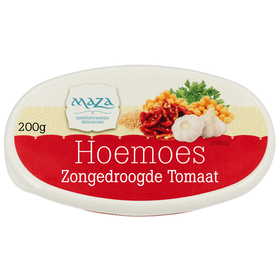 Foto van Maza Hoemoes zongedroogde tomaat op witte achtergrond
