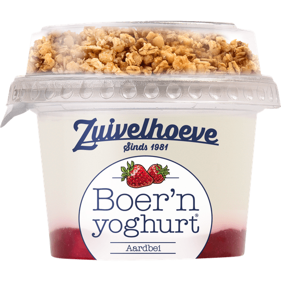 Foto van Zuivelhoeve Boern yoghurt muesli aardbei op witte achtergrond