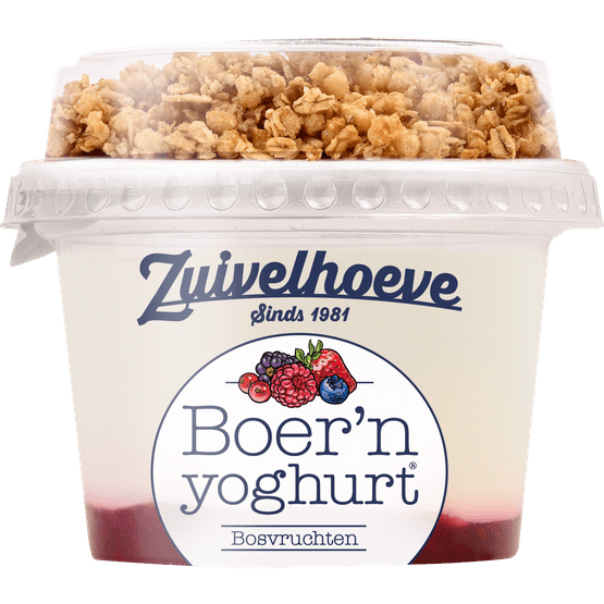 Foto van Zuivelhoeve Boern yoghurt muesli bosvruchten op witte achtergrond