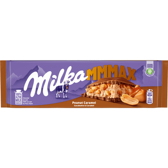 Foto van Milka Chocoladereep peanut caramel op witte achtergrond