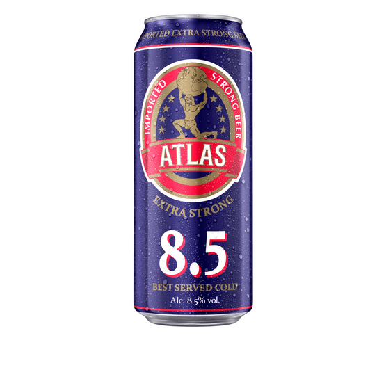Foto van Atlas 8.5 extra strong beer op witte achtergrond