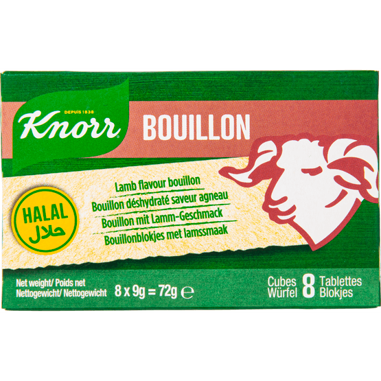 Foto van Knorr Bouillonblokjes lam halal op witte achtergrond