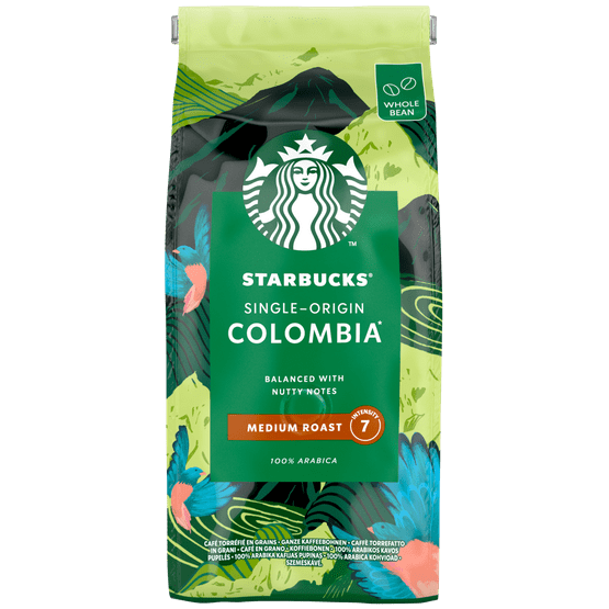 Foto van Starbucks Koffiebonen medium colombia roast op witte achtergrond