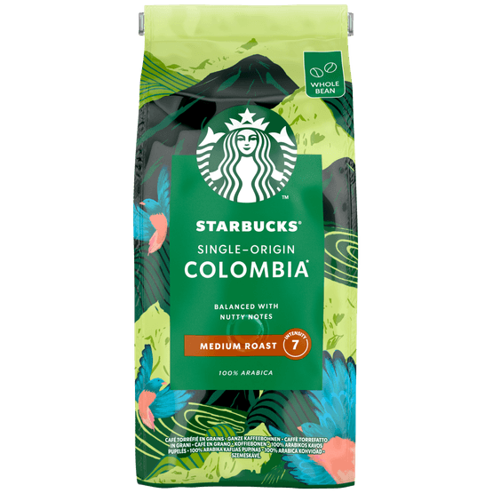 Foto van Starbucks Koffiebonen medium colombia roast op witte achtergrond