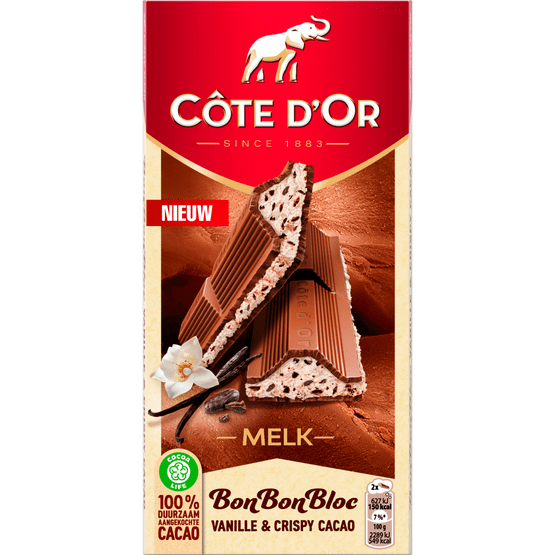 Foto van Côte d'Or Bonbonbloc vanille met cacao op witte achtergrond
