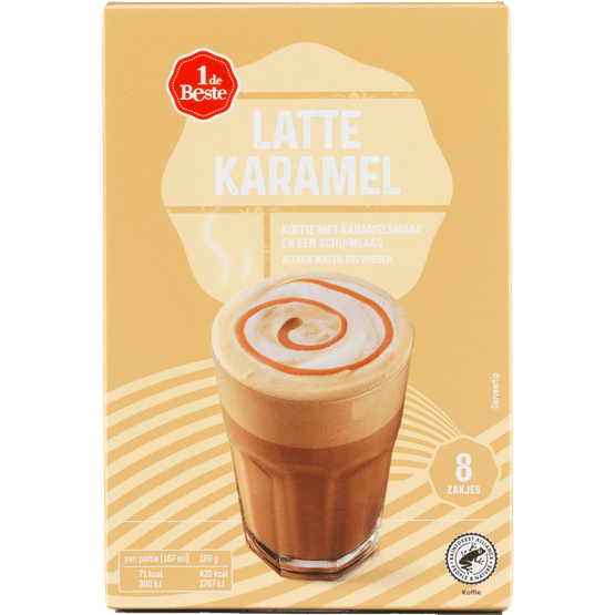 Foto van 1 de Beste Oploskoffie latte karamel op witte achtergrond