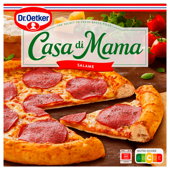 Foto van Dr. Oetker Casa di mama pizza salame op witte achtergrond