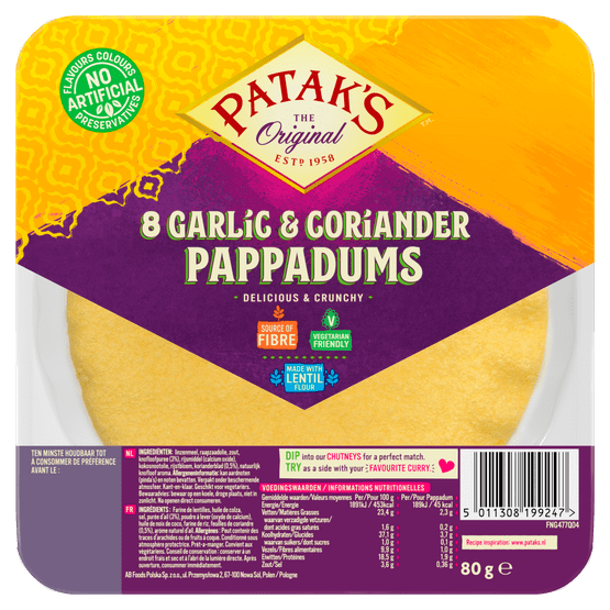 Foto van Patak's Pappadums knoflook en koriander 8 stuks op witte achtergrond