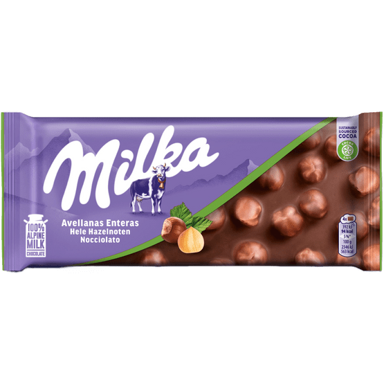Foto van Milka Chocoladereep hele hazelnoot op witte achtergrond