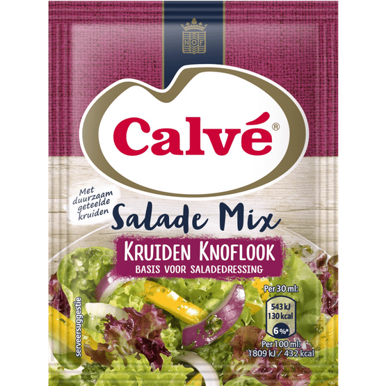 Foto van Calvé Salademix kruiden knoflook op witte achtergrond