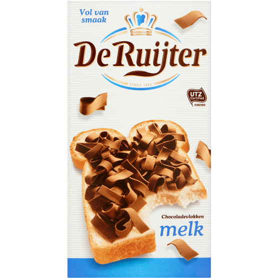 Foto van De Ruijter Chocolade vlokken melk op witte achtergrond