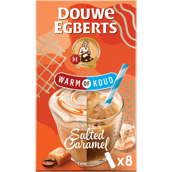 Foto van Douwe Egberts Oploskoffie warm of koud latte salted caramel 8 stuks op witte achtergrond