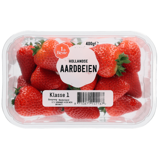Foto van 1 de Beste Hollandse aardbeien op witte achtergrond
