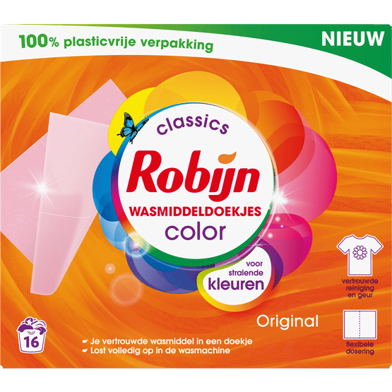Foto van Robijn Wasmiddeldoekjes color 16 wasb. op witte achtergrond