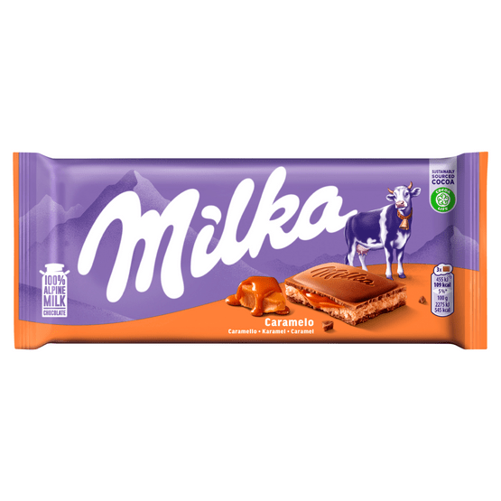 Foto van Milka Chocoladereep caramel op witte achtergrond