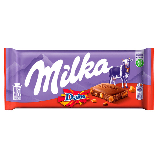 Foto van Milka Chocoladereep daim op witte achtergrond