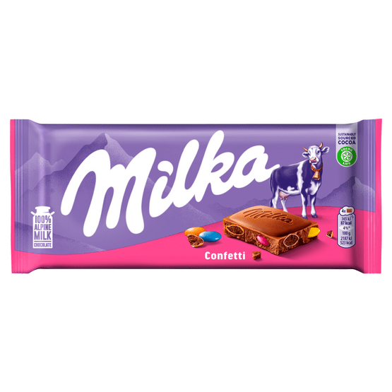 Foto van Milka Chocoladereep confetti op witte achtergrond