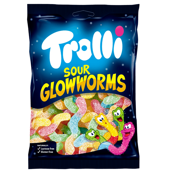 Foto van Trolli Fruitgom zure gloeiwormen op witte achtergrond