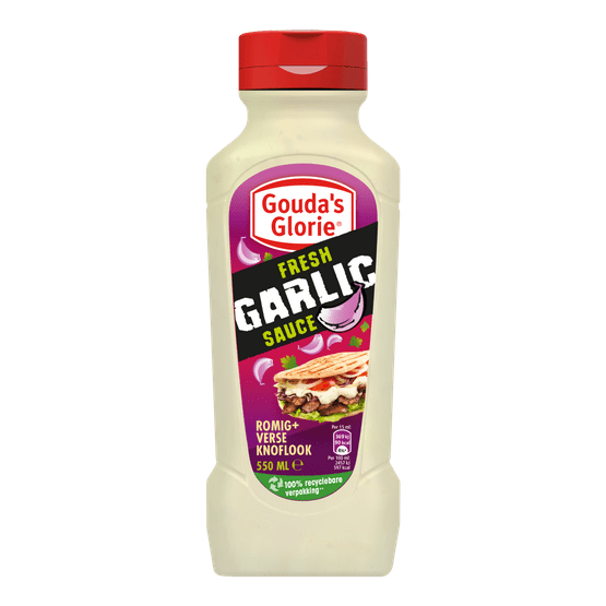 Foto van Gouda's Glorie fresh garlic saus op witte achtergrond