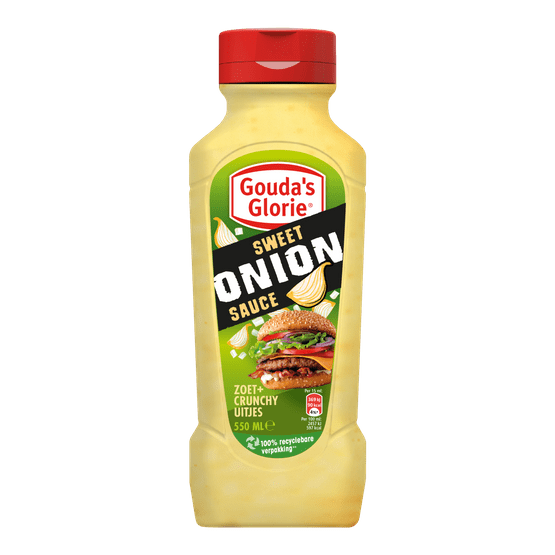 Foto van Gouda's Glorie sweet onion saus op witte achtergrond