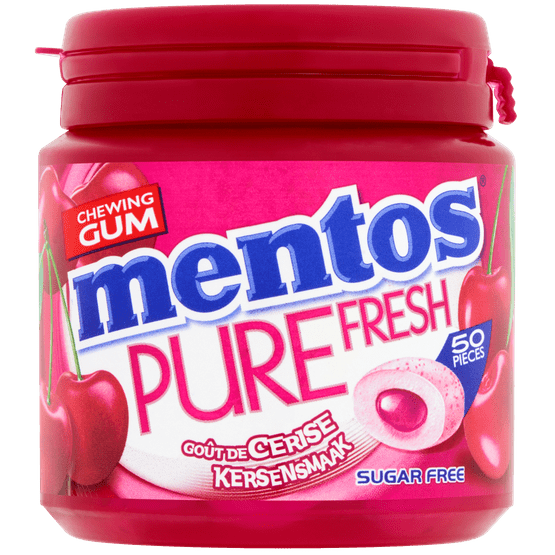 Foto van Mentos Gum pure fresh cherry 50 stuks op witte achtergrond