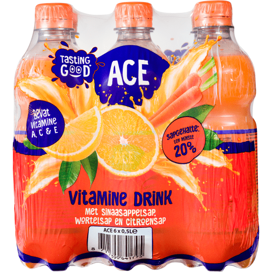 Foto van Tasting Good Ace vitamine 6 x 500ml op witte achtergrond