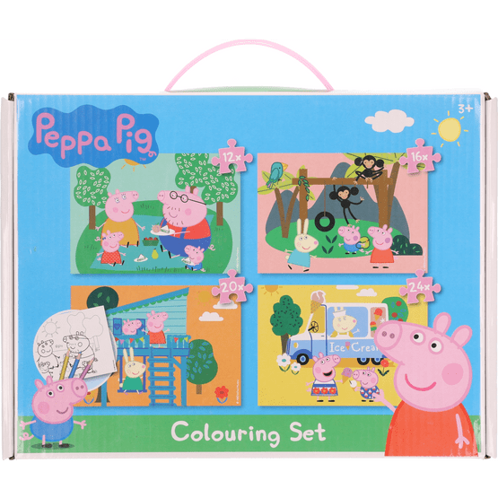 Foto van Peppa big puzzel en kleurplaat op witte achtergrond
