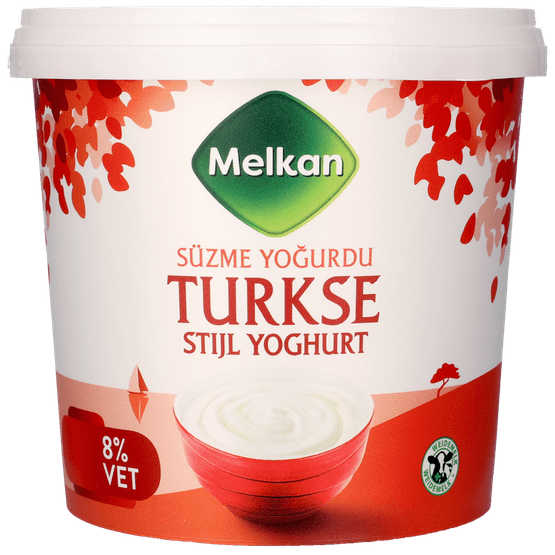 Foto van Melkan Yoghurt turkse stijl 8% vet op witte achtergrond