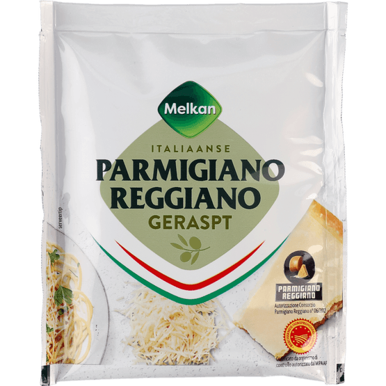 Foto van Melkan Parmigiano reggiano geraspt 30+ op witte achtergrond