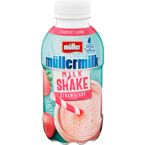Foto van Müllermilk Milkshake aardbei op witte achtergrond