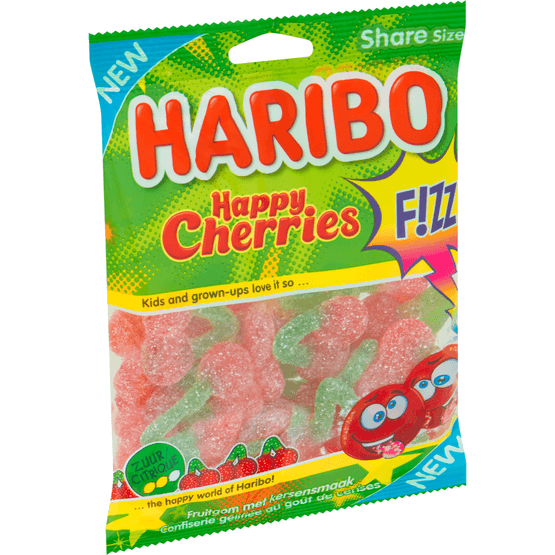 Foto van Haribo Happy cherries fizz op witte achtergrond