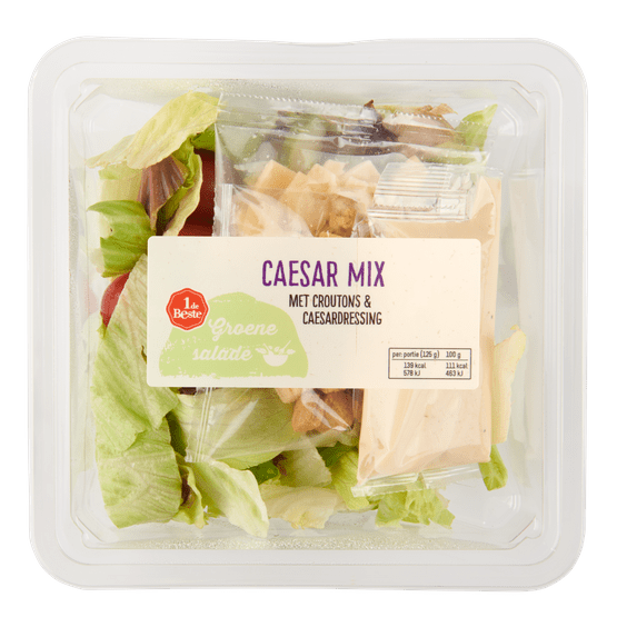 Foto van 1 de Beste Groene salade caesar mix met crout-dressing op witte achtergrond