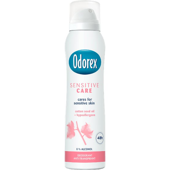 Foto van Odorex Deospray sensitive care op witte achtergrond