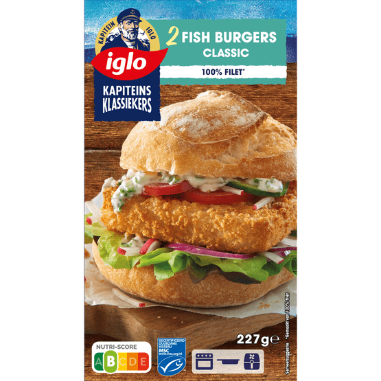 Foto van Iglo Kapiteins Klassiekers fish filetburger 2 stuks op witte achtergrond