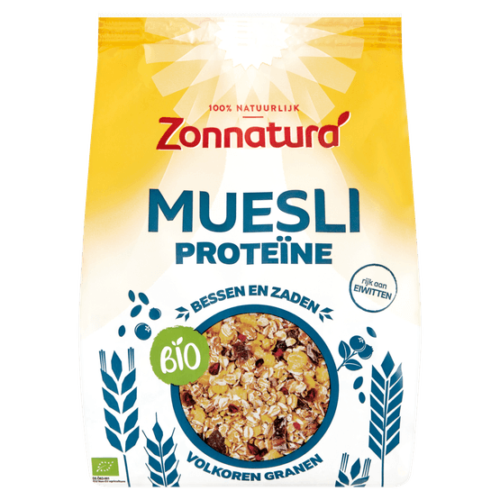 Foto van Zonnatura Muesli proteine op witte achtergrond