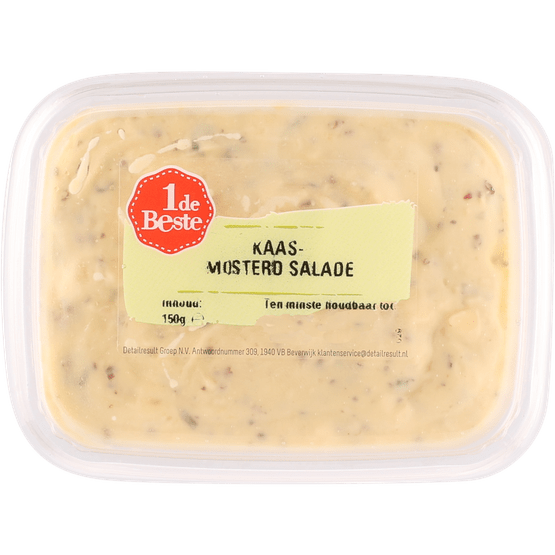 Foto van 1 de Beste Kaas-mosterd salade op witte achtergrond
