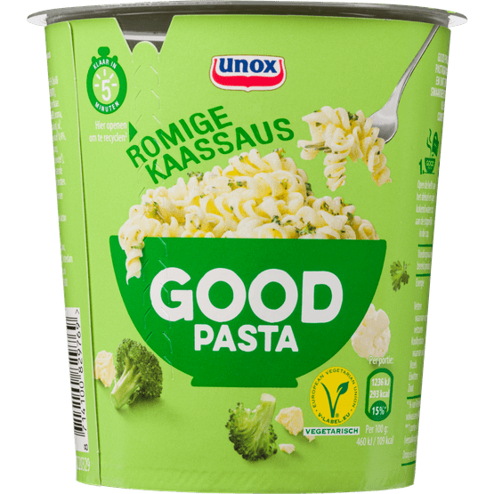 Foto van Unox Good pasta romige kaassaus op witte achtergrond