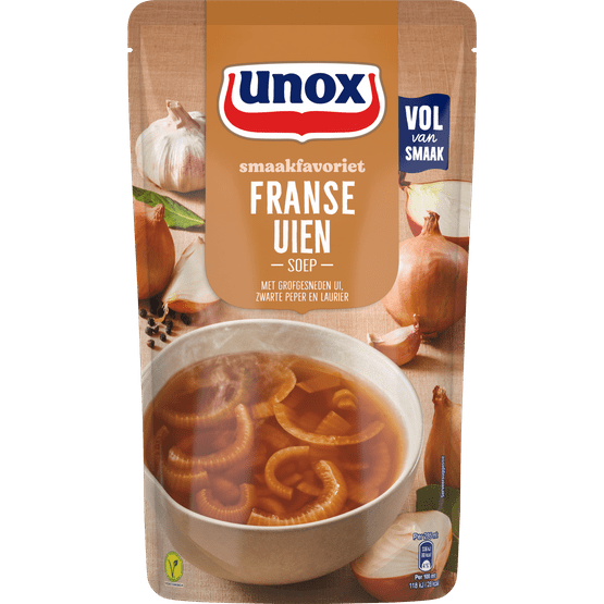 Foto van Unox Soep in zak Franse uiensoep op witte achtergrond