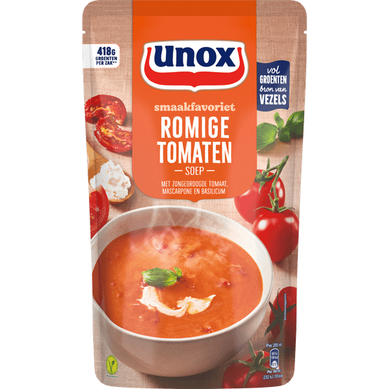 Foto van Unox Soep in zak romige tomatensoep op witte achtergrond
