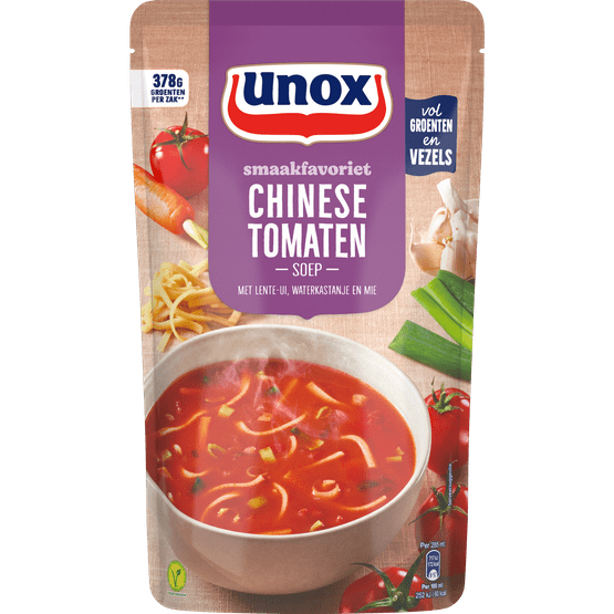 Foto van Unox Soep in zak Chinese tomatensoep op witte achtergrond