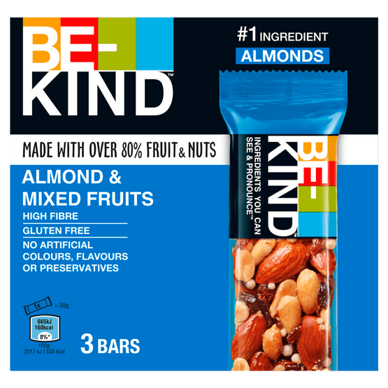 Foto van Be Kind Granola almond & mixed fruit  3 st. op witte achtergrond